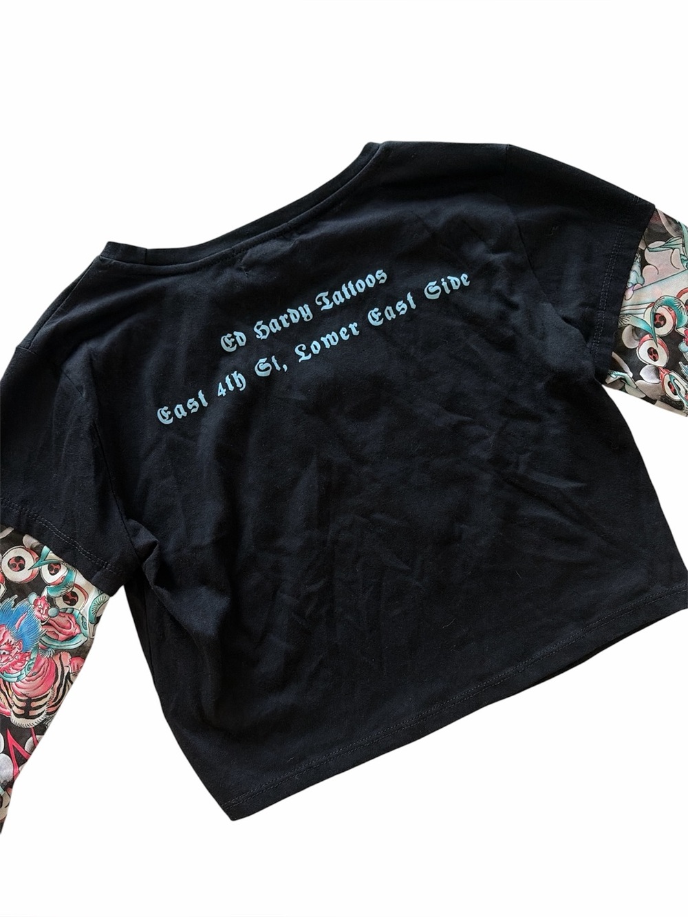 Ed Hardy Grunge Koi Fish Tattoo Y2K Black Crop Tee with mesh sleeves - Picture 4 of 4